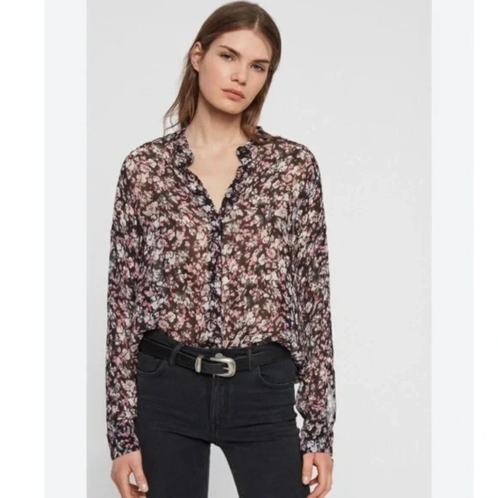 Allsaints Lavern Silk Floral Semi-Sheer Blouse Oversized M